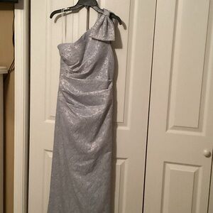 Teri Jon One Shoulder Dress in Light Gray